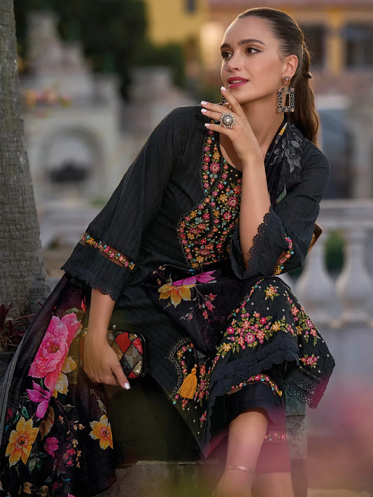 Black Embroidered Straight Kurta Trousers With Dupatta set