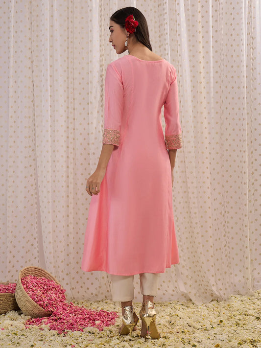 Pink Embroidered A-Line Kurtas