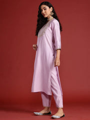 Lavender Embroidered Straight Kurta Trousers With Dupatta set