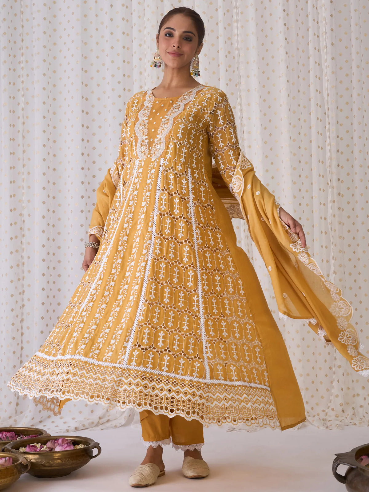 Yellow Embroidered A-Line Kurta Trousers With Dupatta set