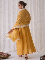 Yellow Embroidered A-Line Kurta Trousers With Dupatta set