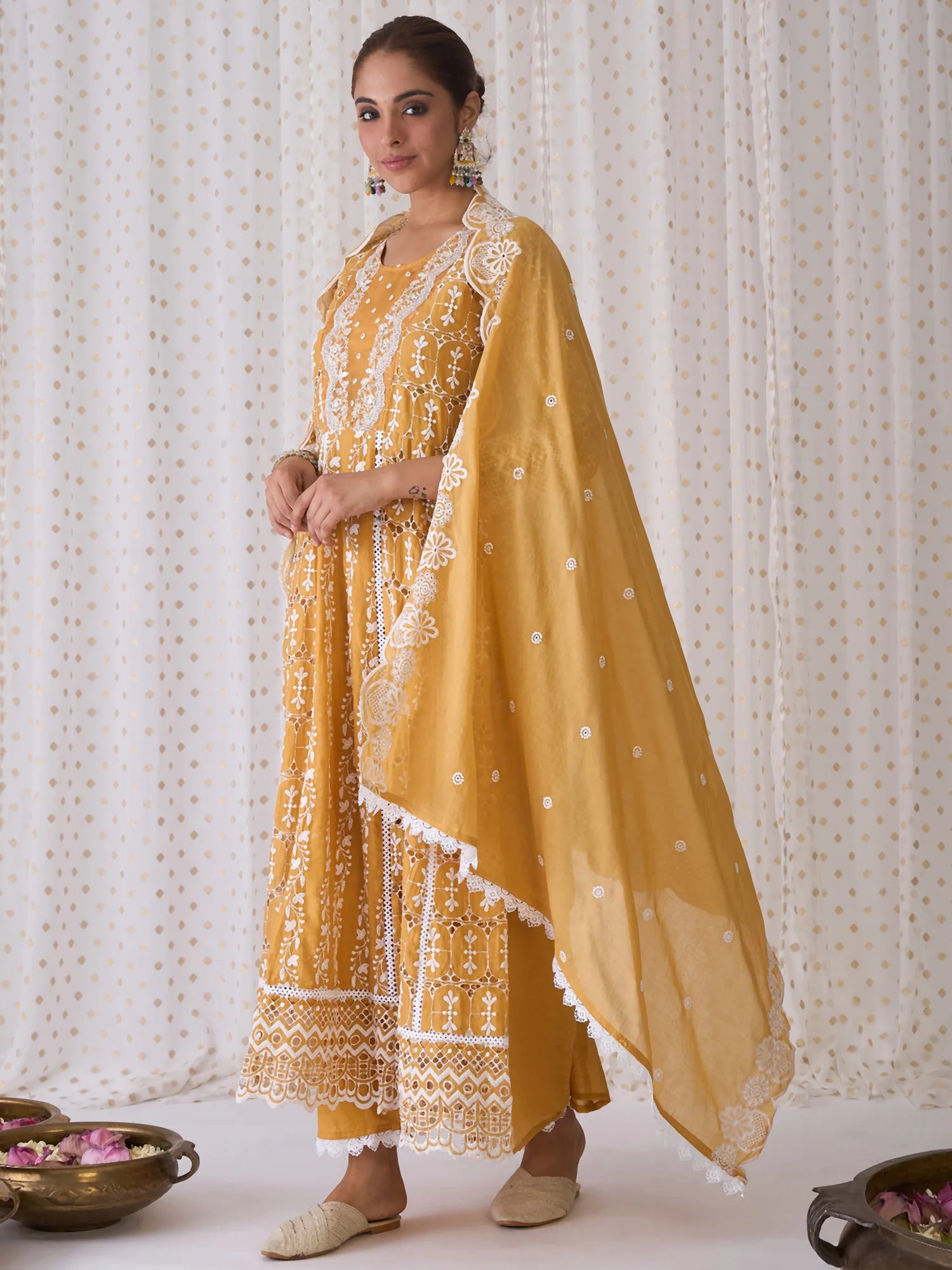 Yellow Embroidered A-Line Kurta Trousers With Dupatta set