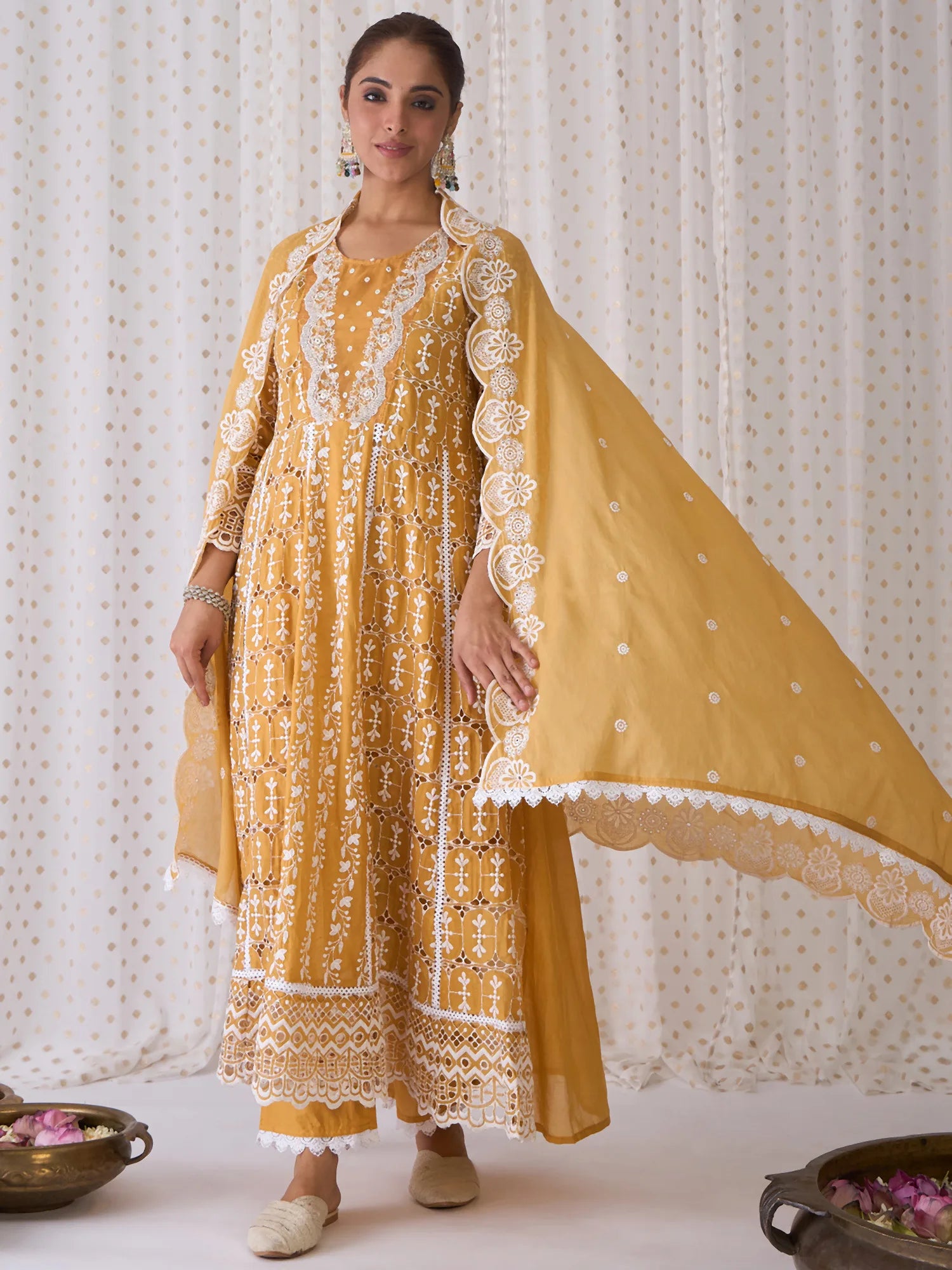 Yellow Embroidered A-Line Kurta Trousers With Dupatta set