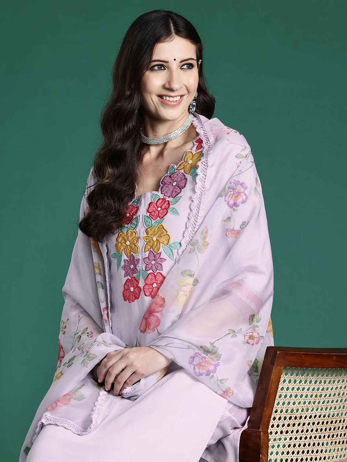 Lavender Embroidered Straight Kurta Trousers With Dupatta set