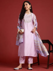 Lavender Embroidered Straight Kurta Trousers With Dupatta set