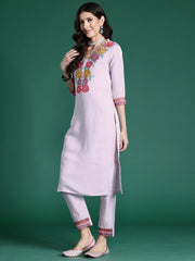 Lavender Embroidered Straight Kurta Trousers With Dupatta set