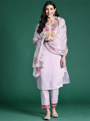 Lavender Embroidered Straight Kurta Trousers With Dupatta set