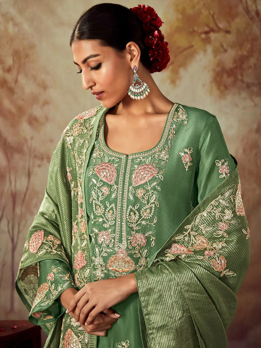 Green Embroidered Straight Kurta Trousers With Dupatta set