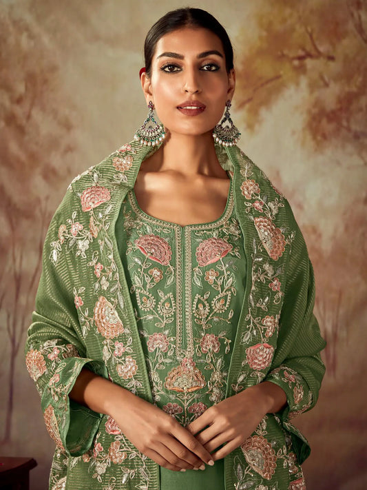 Green Embroidered Straight Kurta Trousers With Dupatta set