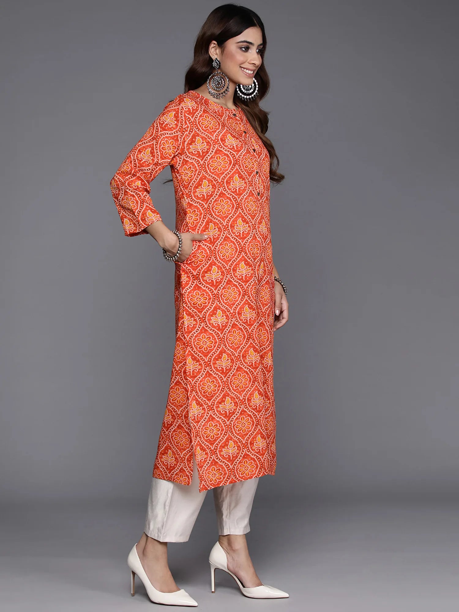 Orange Printed Straight Kurtas