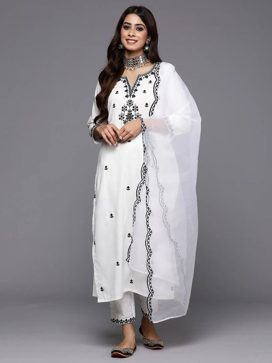 White Embroidered Straight Kurta Trousers With Dupatta Set