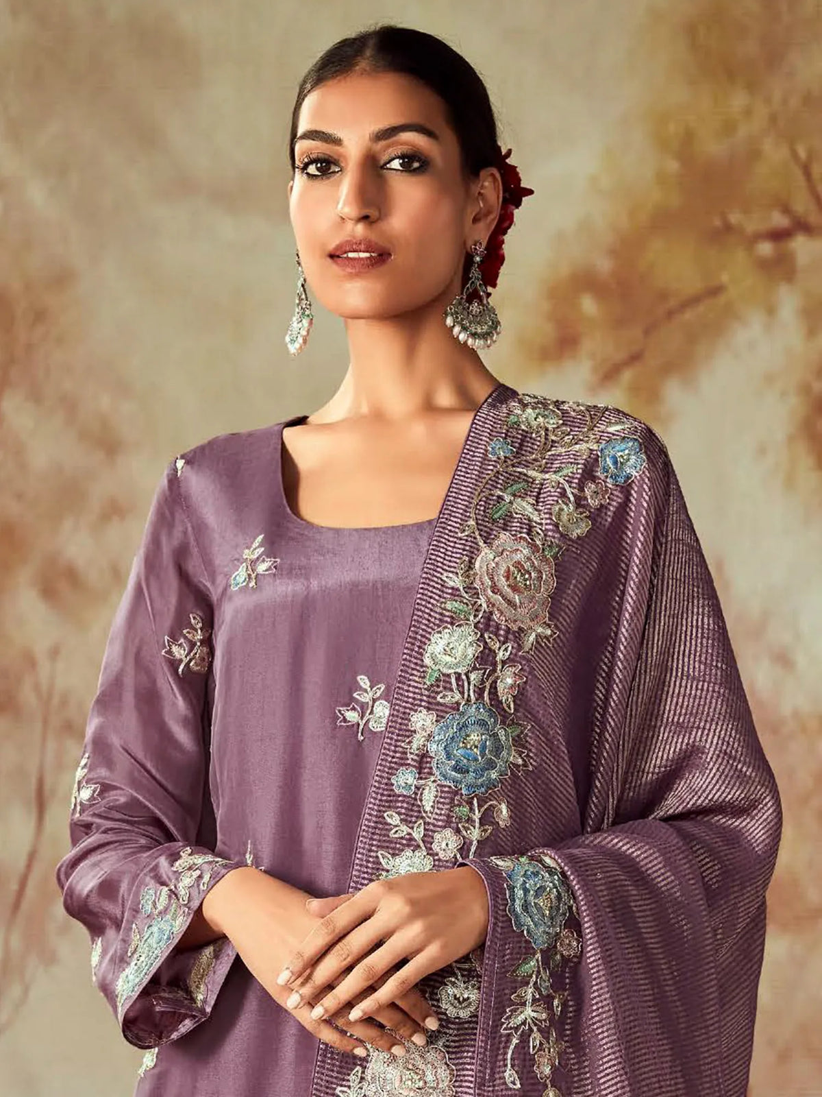 Lavender Embroidered Straight Kurta Trousers With Dupatta set