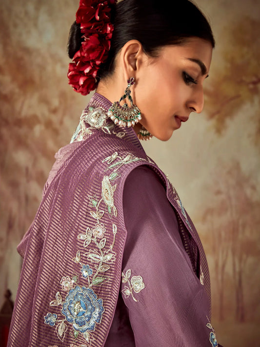 Lavender Embroidered Straight Kurta Trousers With Dupatta set