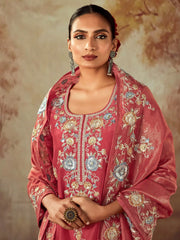 Rust Embroidered Straight Kurta Trousers With Dupatta set