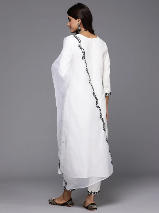 White Embroidered Straight Kurta Trousers With Dupatta Set