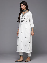 White Embroidered Straight Kurta Trousers With Dupatta Set