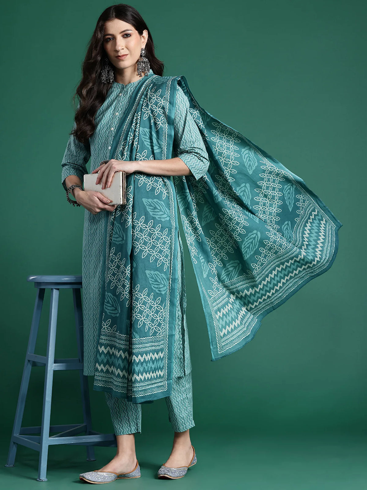 Blue Printed Straight Kurta Trousers With Dupatta set