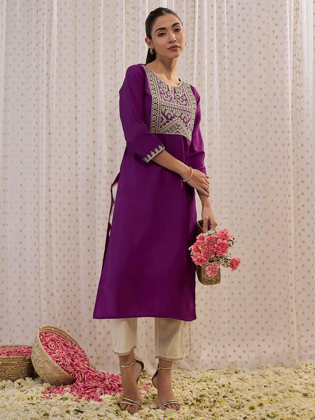 Purple Embroidered Straight Kurtas