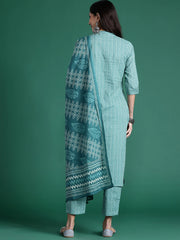 Blue Printed Straight Kurta Trousers With Dupatta set