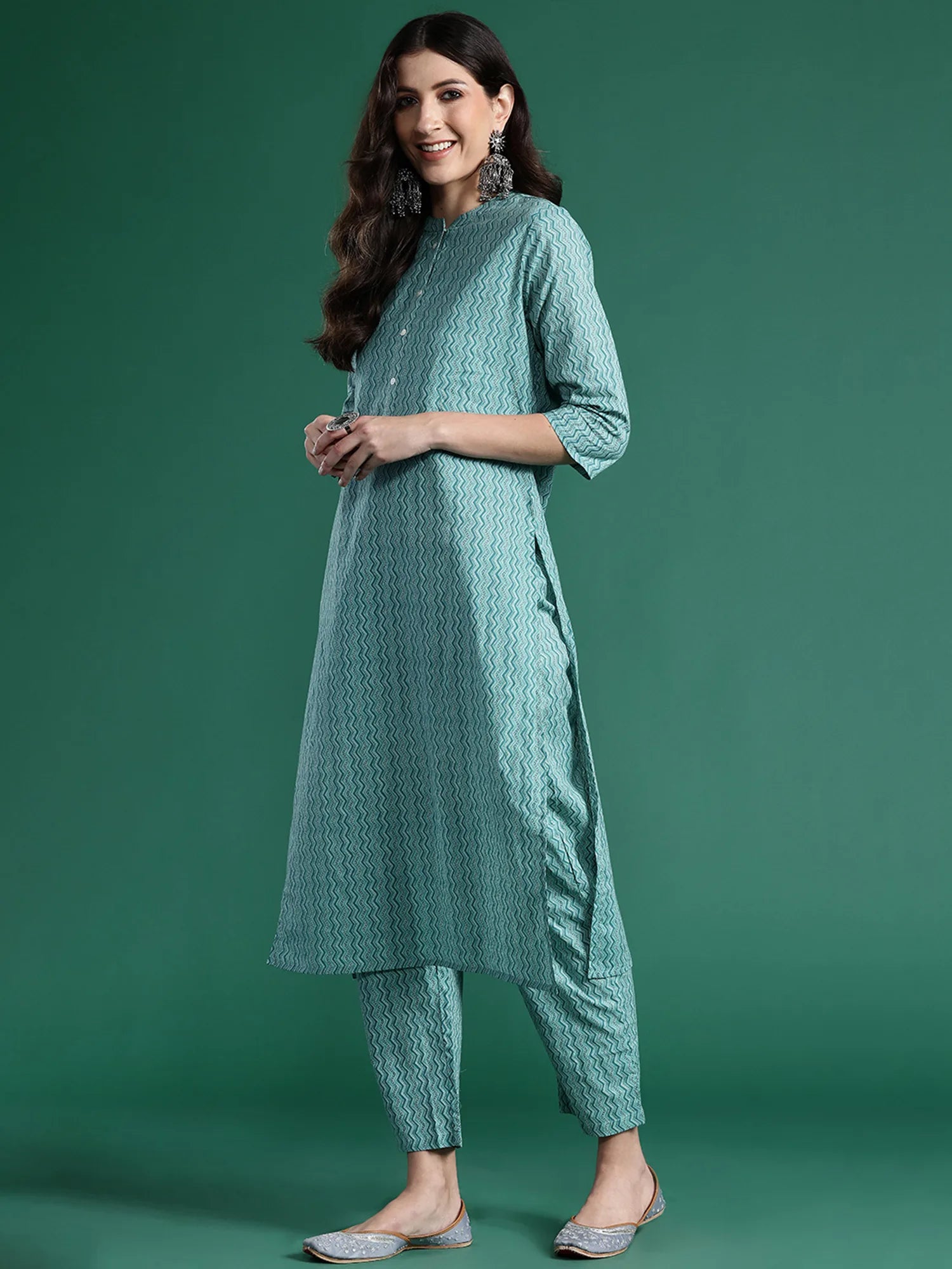 Blue Printed Straight Kurta Trousers With Dupatta set