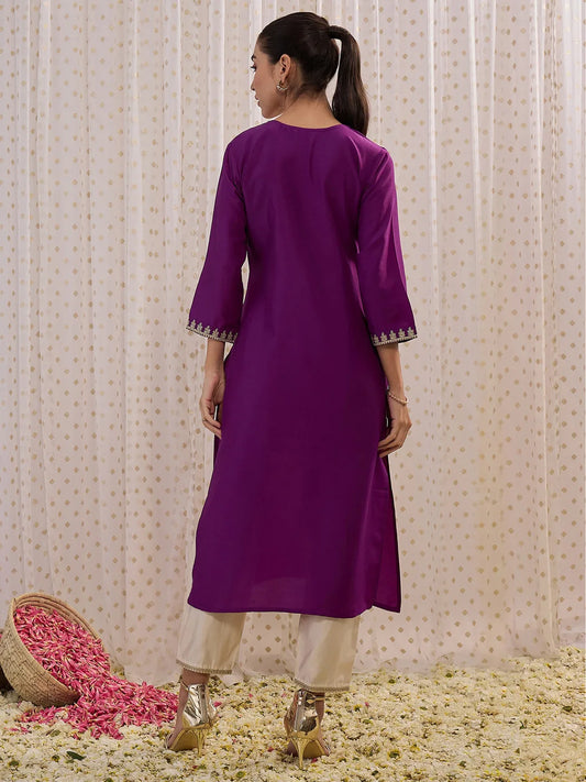 Purple Embroidered Straight Kurtas