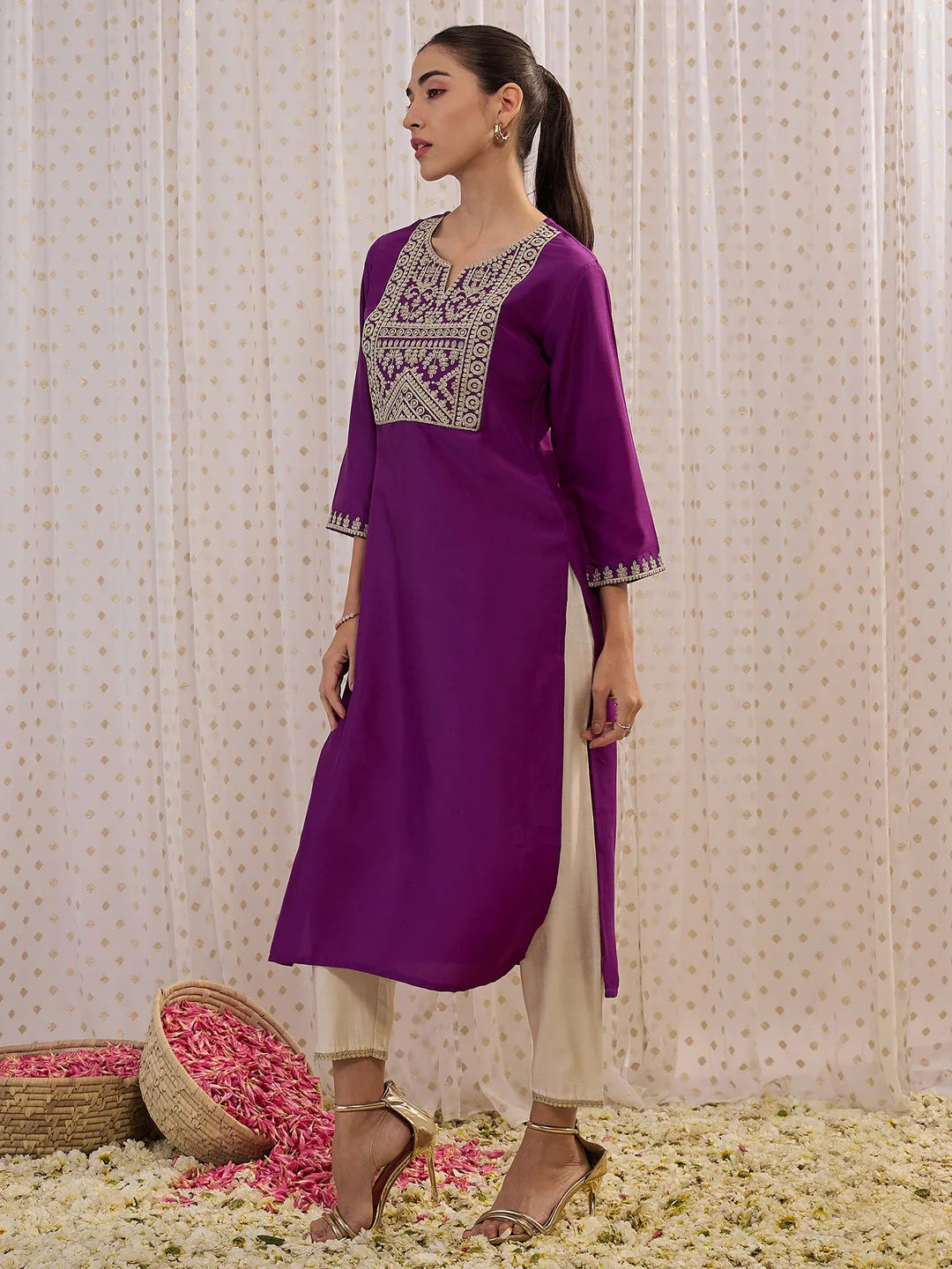 Purple Embroidered Straight Kurtas