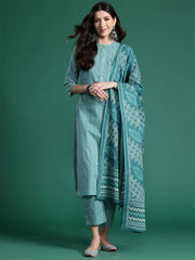 Blue Printed Straight Kurta Trousers With Dupatta set