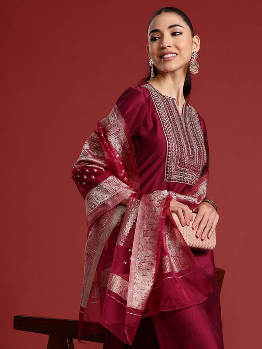 Burgundy Embroidered Straight Kurta Trousers With Dupatta Set