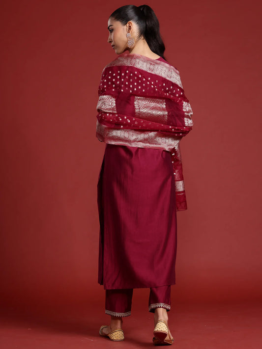 Burgundy Embroidered Straight Kurta Trousers With Dupatta Set