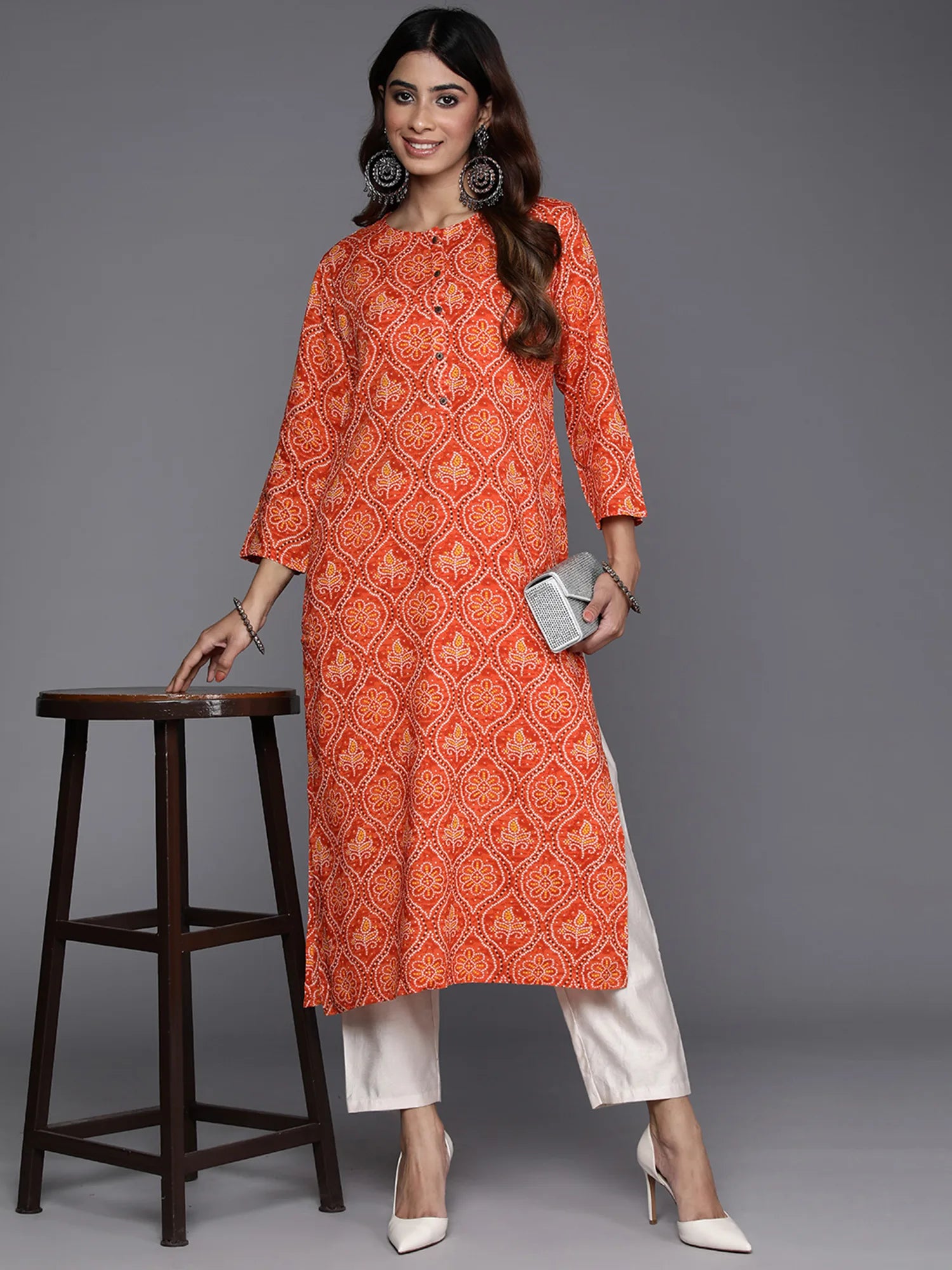 Orange Printed Straight Kurtas