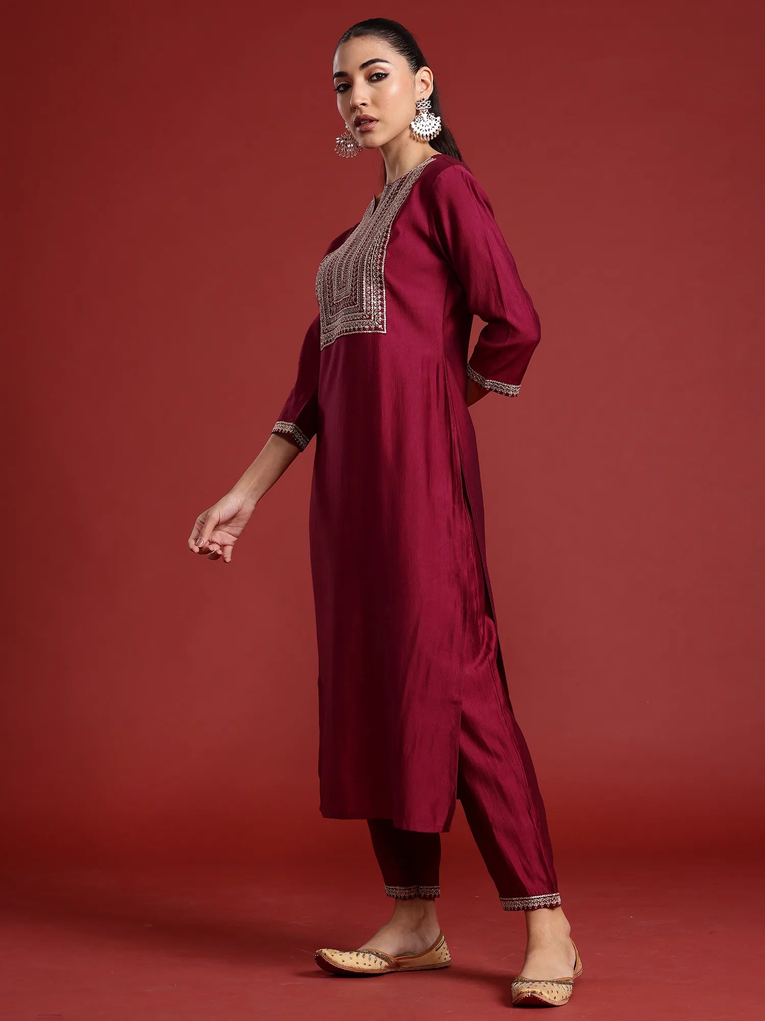 Burgundy Embroidered Straight Kurta Trousers With Dupatta Set