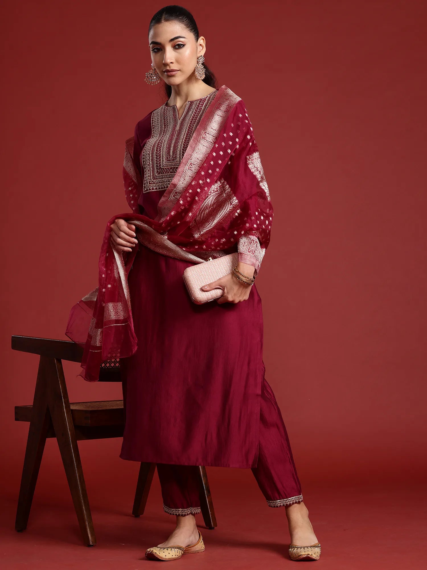 Burgundy Embroidered Straight Kurta Trousers With Dupatta Set