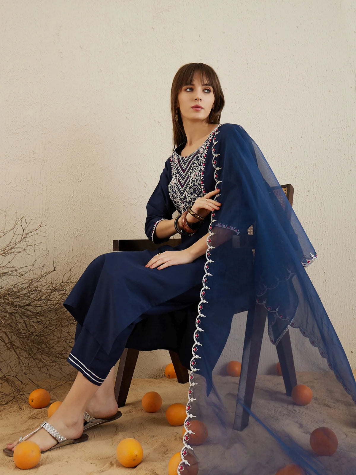 Navy Blue Embroidered Straight Kurta Trousers With Dupatta set