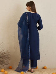 Navy Blue Embroidered Straight Kurta Trousers With Dupatta set