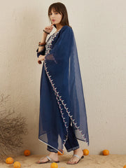 Navy Blue Embroidered Straight Kurta Trousers With Dupatta set