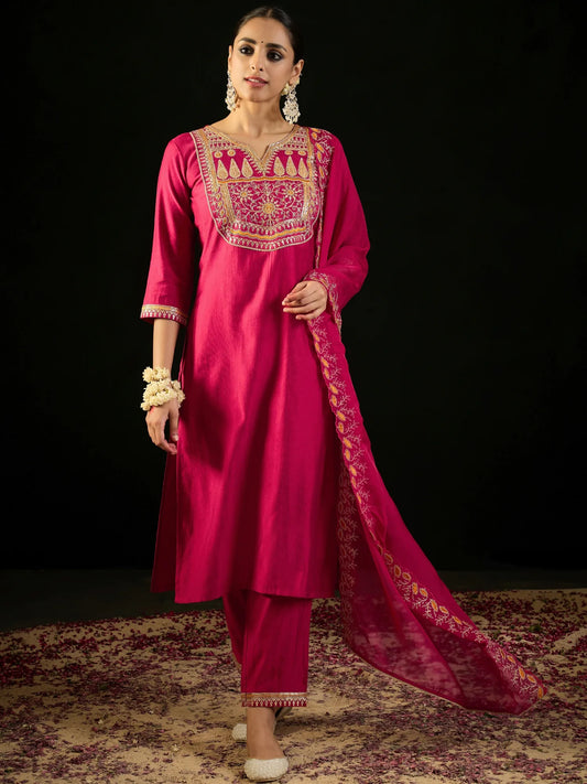 Magenta Embroidered Straight Kurta Trousers With Dupatta set