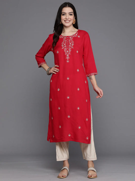 Magenta Embroidered Straight Kurtas