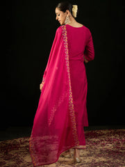 Magenta Embroidered Straight Kurta Trousers With Dupatta set