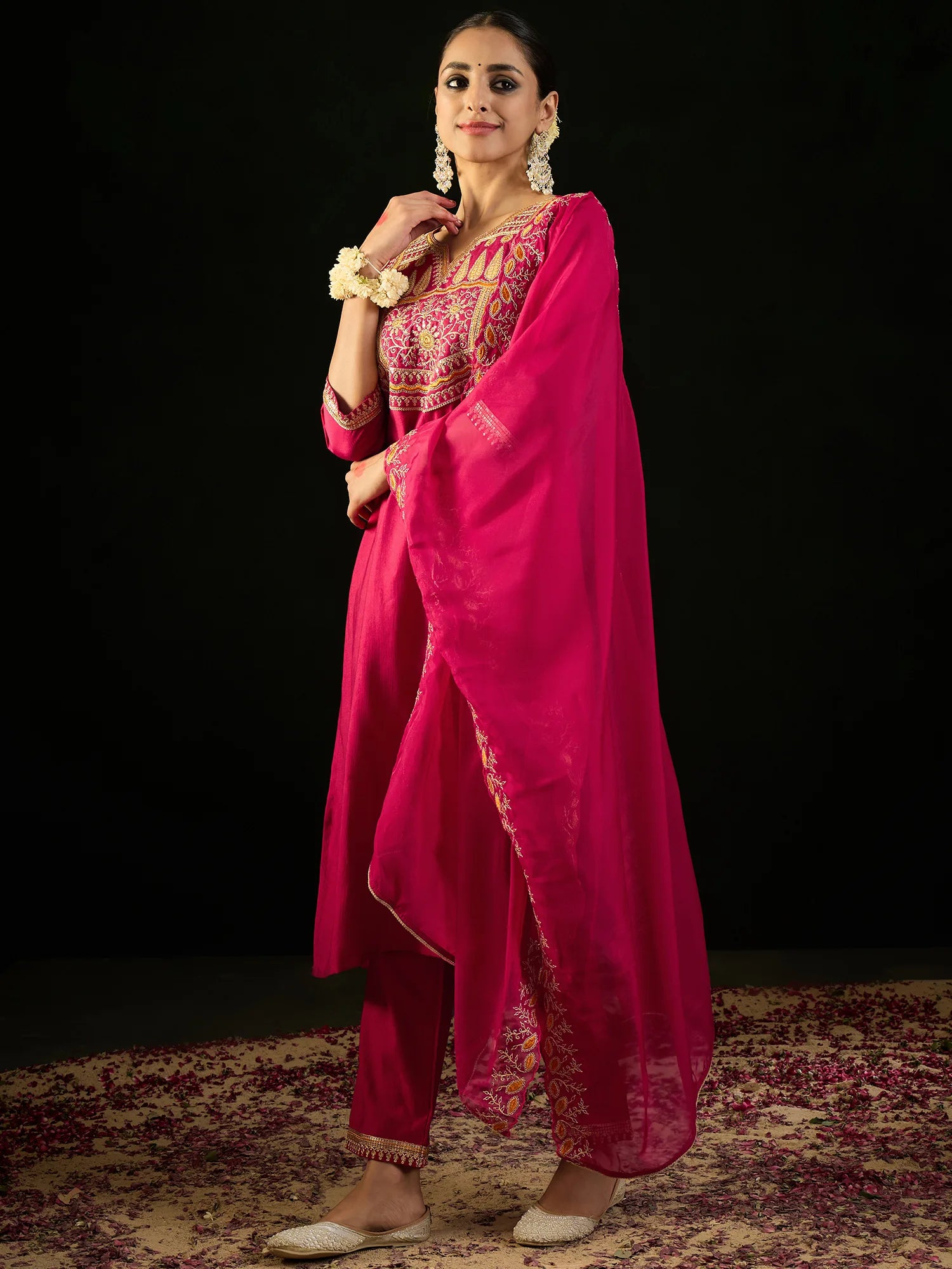 Magenta Embroidered Straight Kurta Trousers With Dupatta set