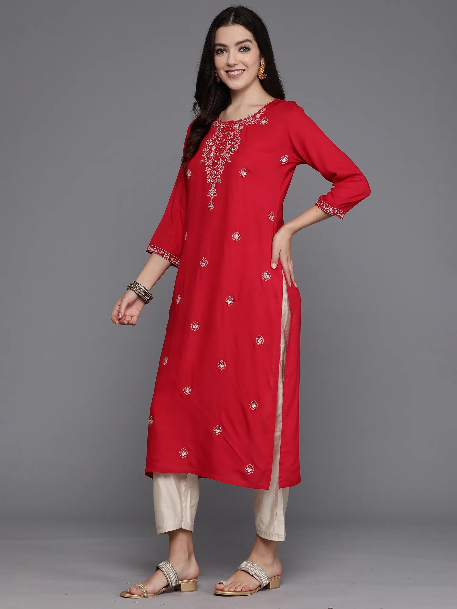 Magenta Embroidered Straight Kurtas