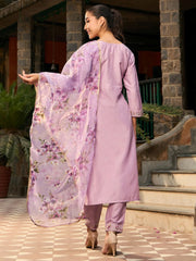 Purple Embroidered Straight Kurta Trousers With Dupatta set