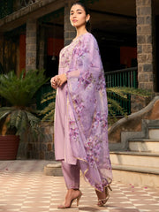 Purple Embroidered Straight Kurta Trousers With Dupatta set