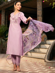 Purple Embroidered Straight Kurta Trousers With Dupatta set