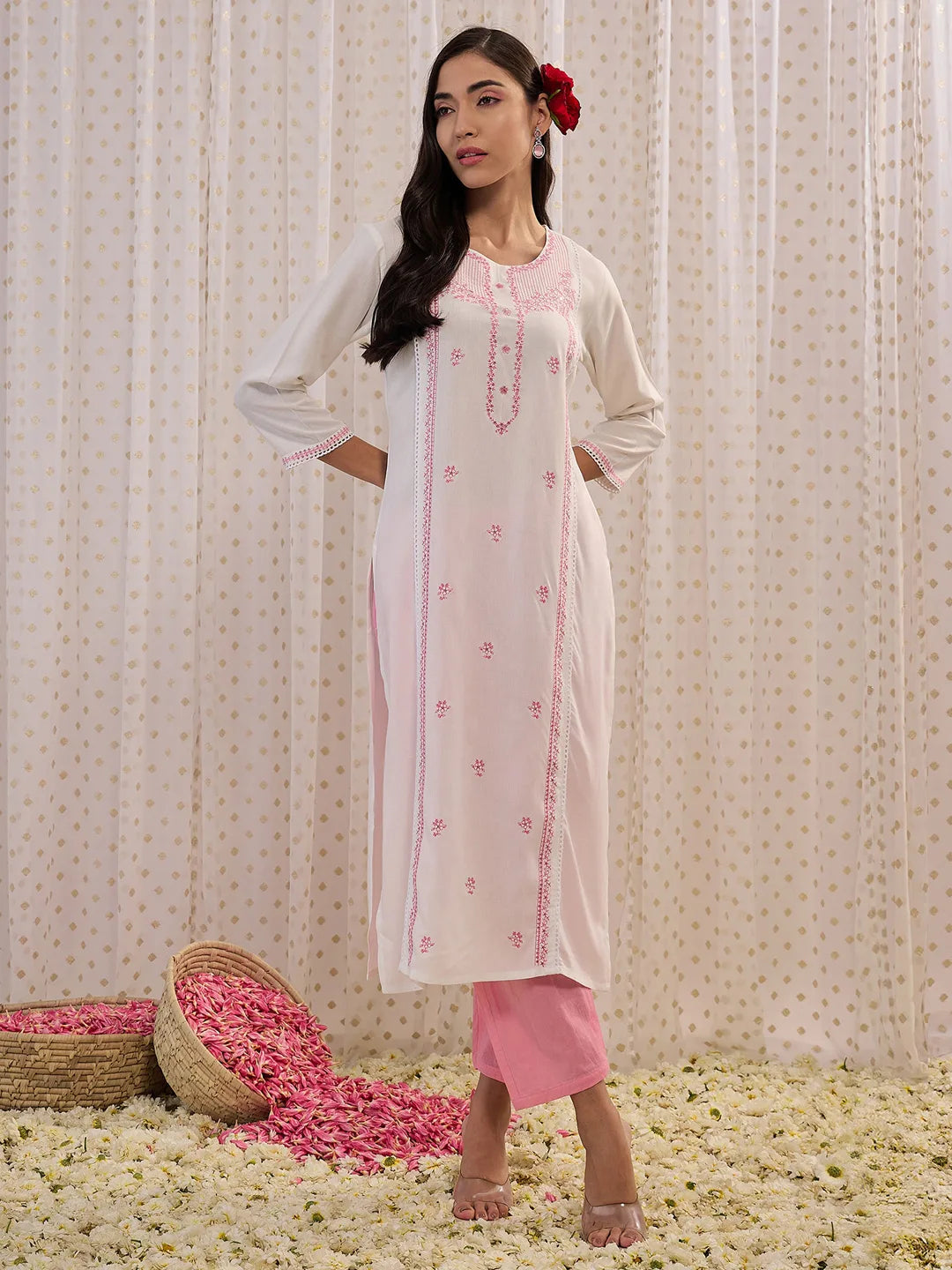 White Embroidered Straight Kurtas