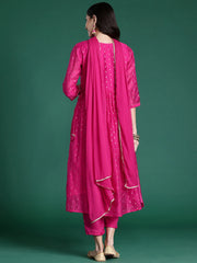 Pink Embroidered A-Line Kurta Trousers With Dupatta set