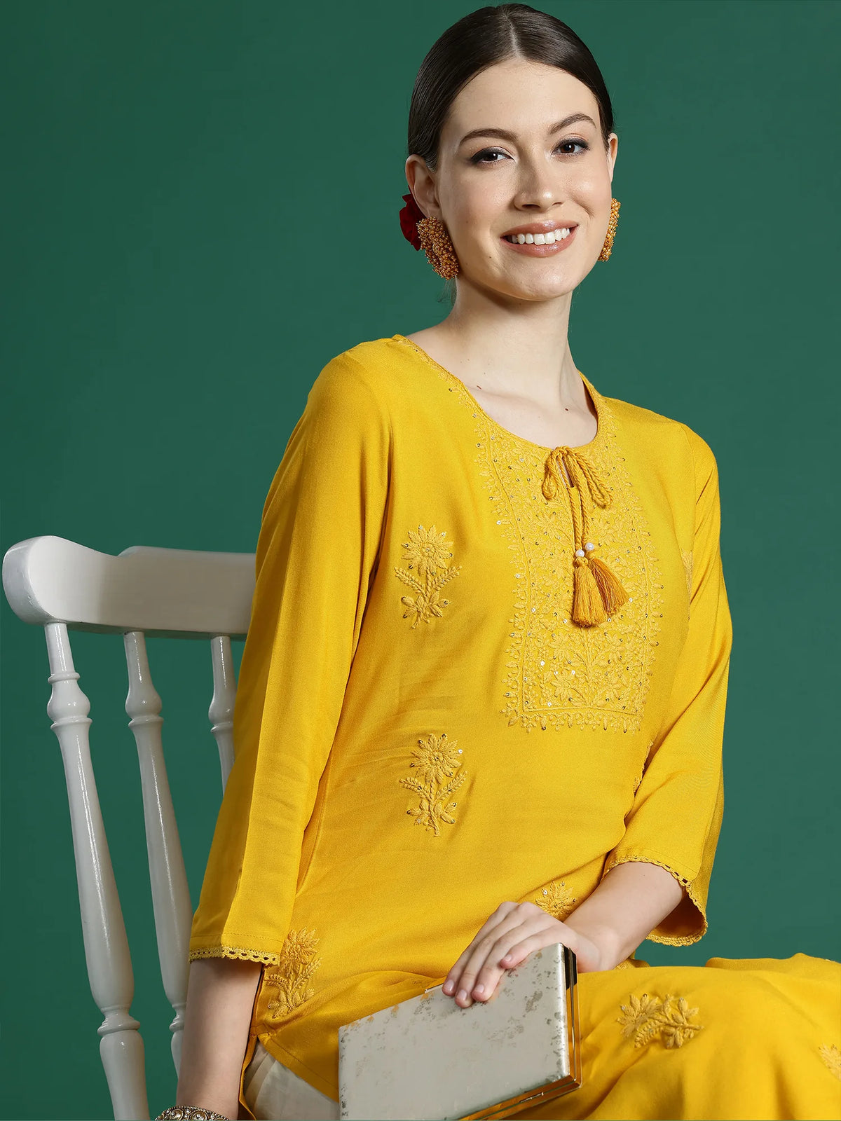 Mustard Embroidered Straight Kurtas