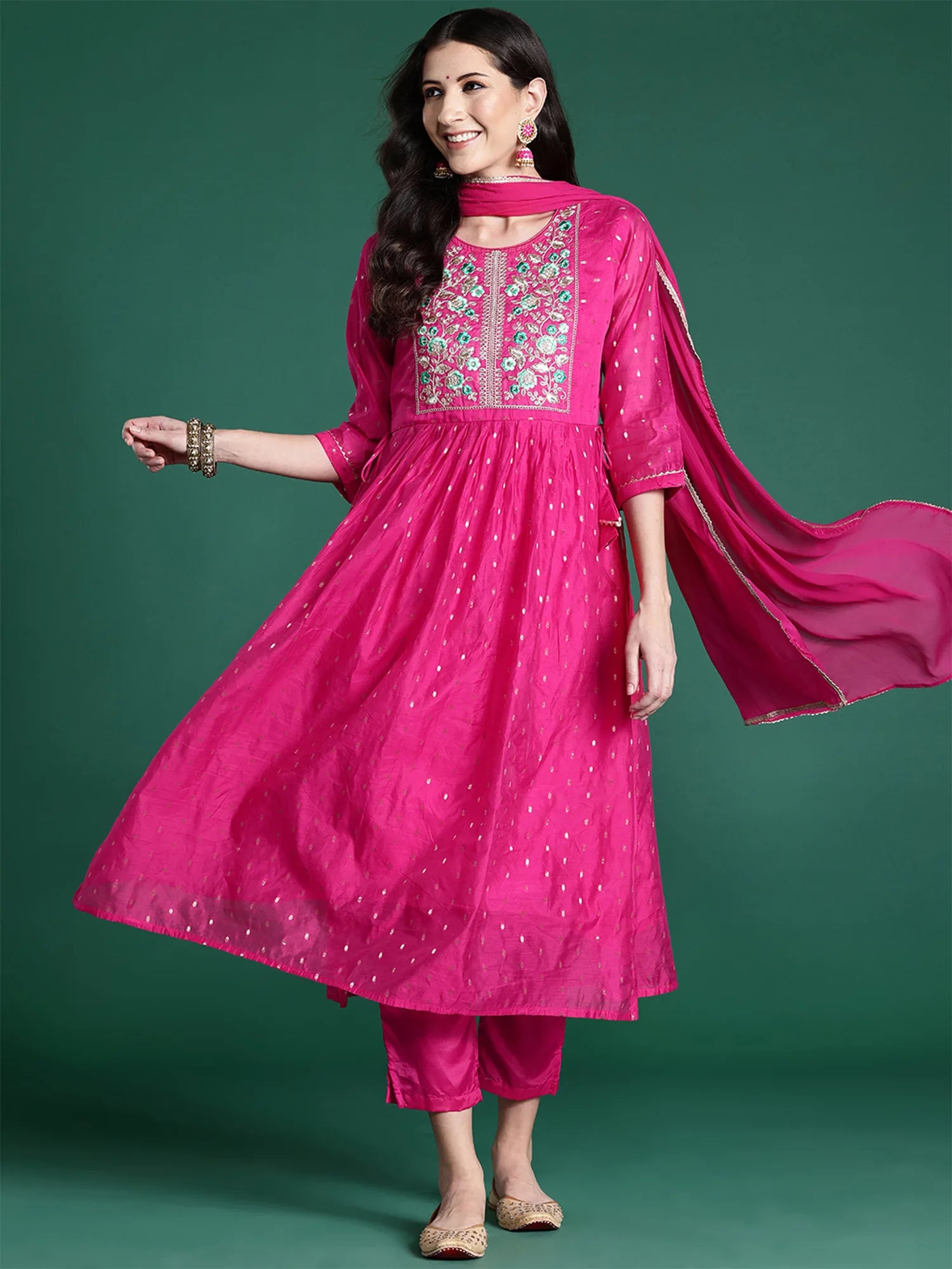 Pink Embroidered A-Line Kurta Trousers With Dupatta set