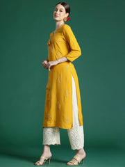 Mustard Embroidered Straight Kurtas