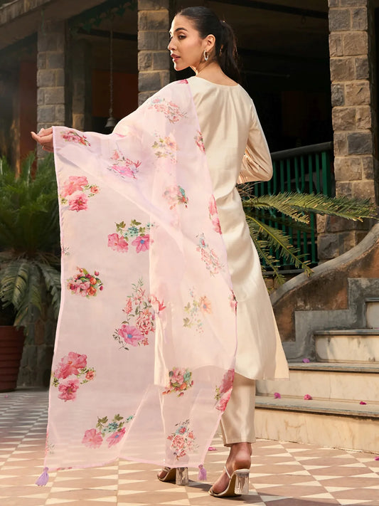 Off White Embroidered Straight Kurta Trousers With Dupatta set