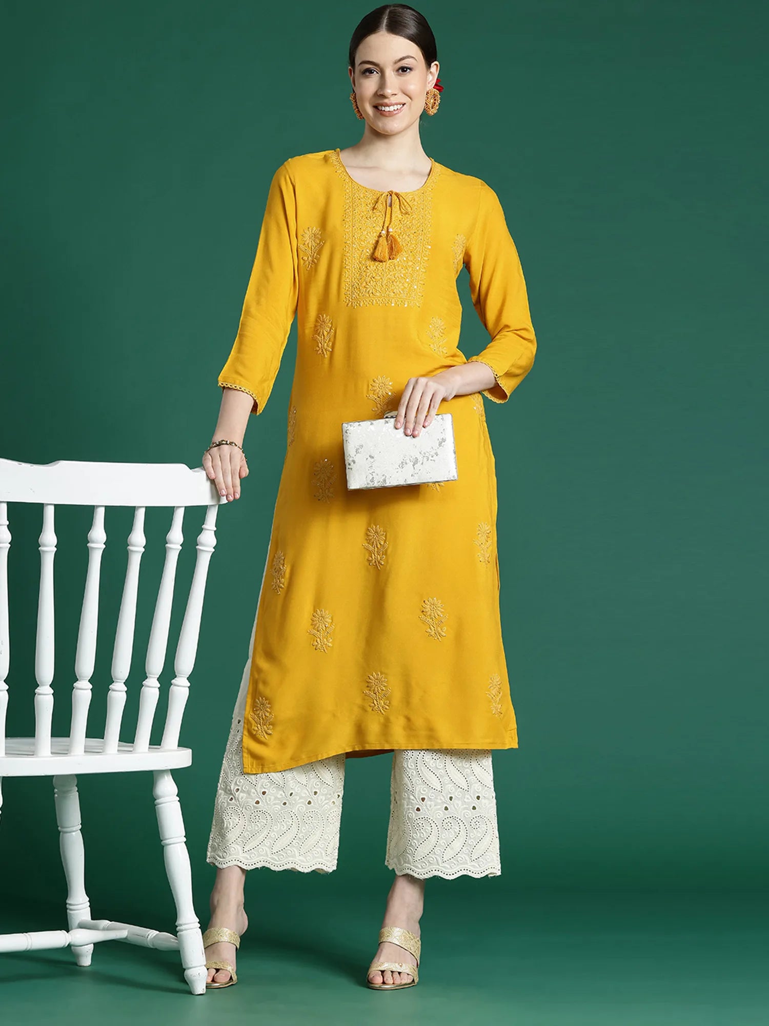 Mustard Embroidered Straight Kurtas